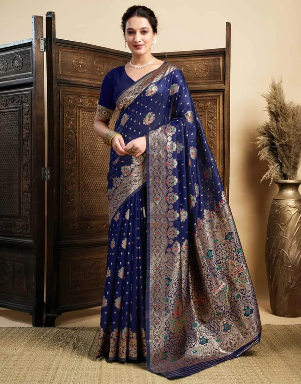 Navy_Blue_Silk_Blend_Banarasi_Saree_With_Unstitched_Blouse_Piece