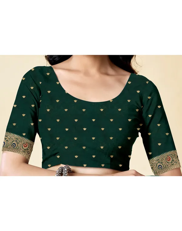Dark_Green_Silk_Blend_Kanjeevaram_Saree_With_Unstitched_Blouse_Piece