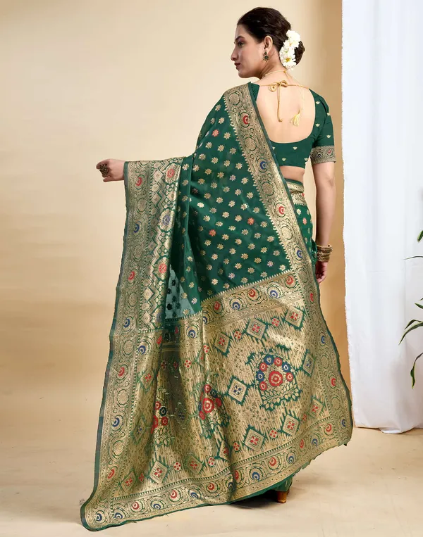 Dark_Green_Silk_Blend_Kanjeevaram_Saree_With_Unstitched_Blouse_Piece