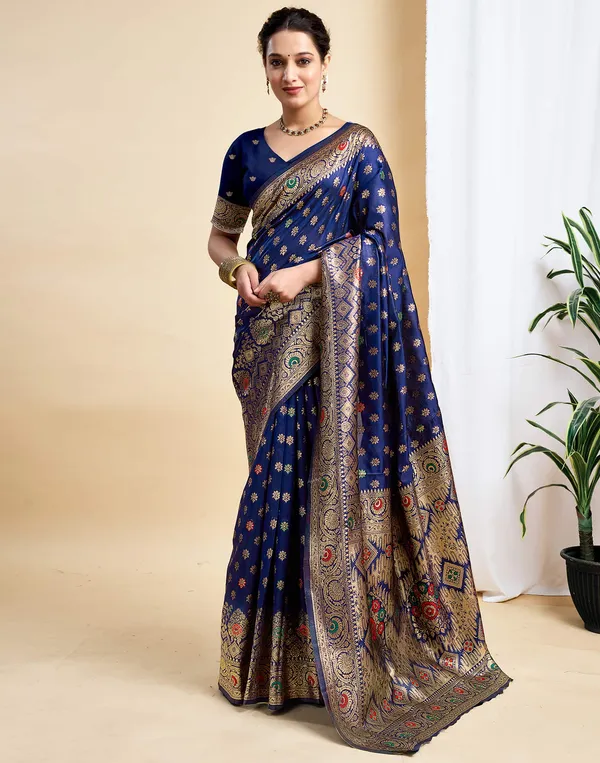 Navy_Blue_Silk_Blend_Kanjeevaram_Saree_With_Unstitched_Blouse_Piece
