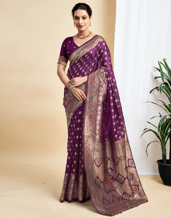 Wine_Silk_Blend_Kanjeevaram_Saree_With_Unstitched_Blouse_Piece