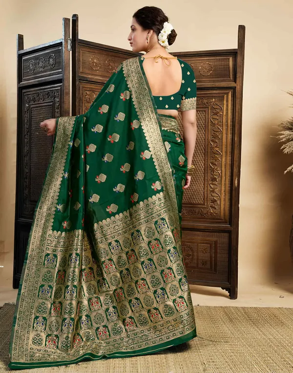 Dark_Green_Elegant_Silk_Blend_Baluchari_Saree_With_Unstitched_Blouse_Piece