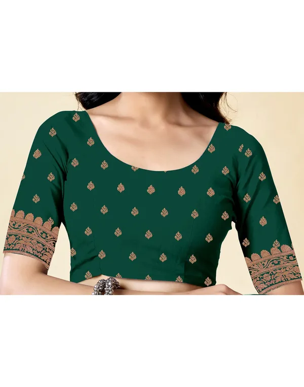 Dark_Green_Elegant_Silk_Blend_Baluchari_Saree_With_Unstitched_Blouse_Piece