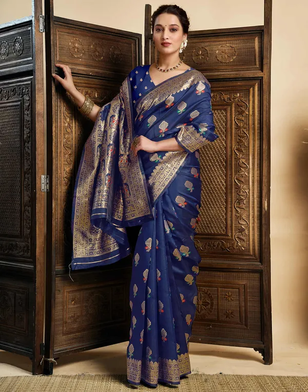 Navy_Blue_Silk_Blend_Baluchari_Saree_With_Unstitched_Blouse_Piece