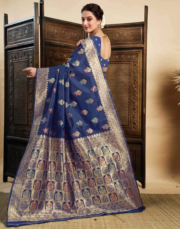 Navy_Blue_Silk_Blend_Baluchari_Saree_With_Unstitched_Blouse_Piece
