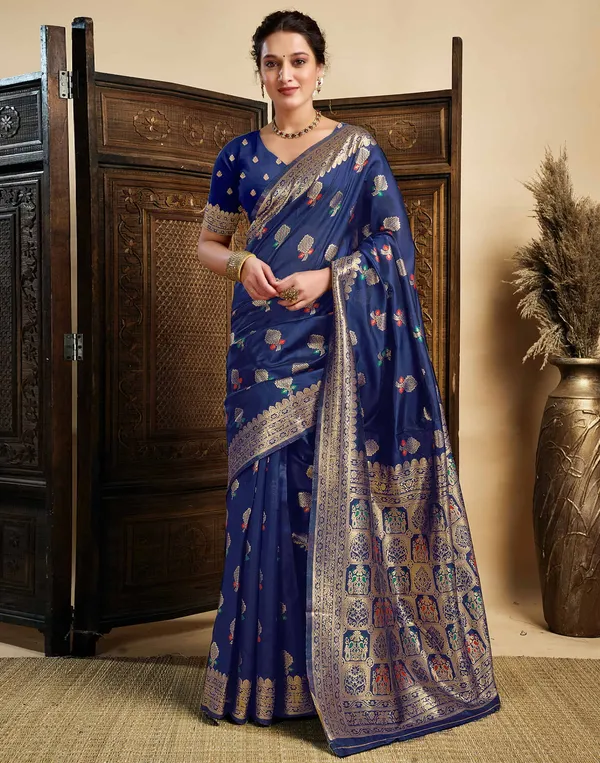 Navy_Blue_Silk_Blend_Baluchari_Saree_With_Unstitched_Blouse_Piece