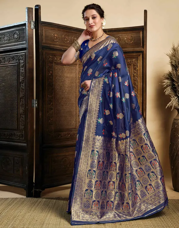 Navy_Blue_Silk_Blend_Baluchari_Saree_With_Unstitched_Blouse_Piece