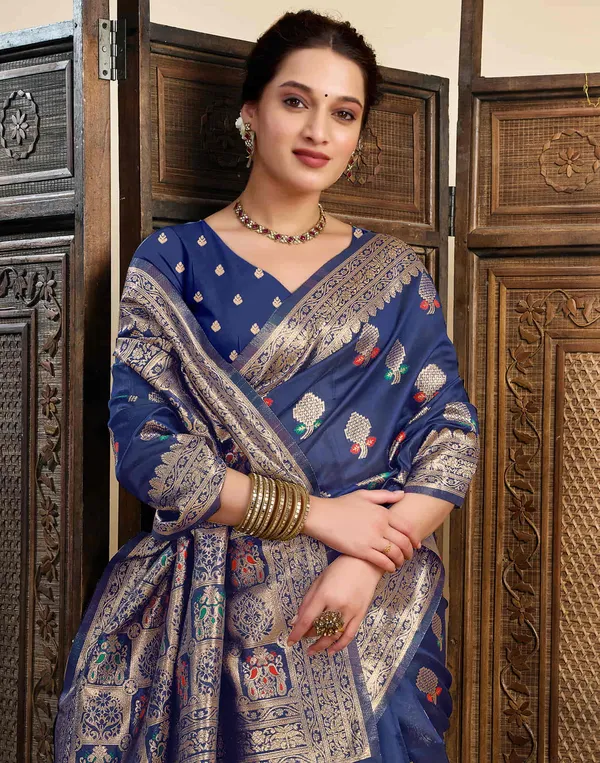 Navy_Blue_Silk_Blend_Baluchari_Saree_With_Unstitched_Blouse_Piece