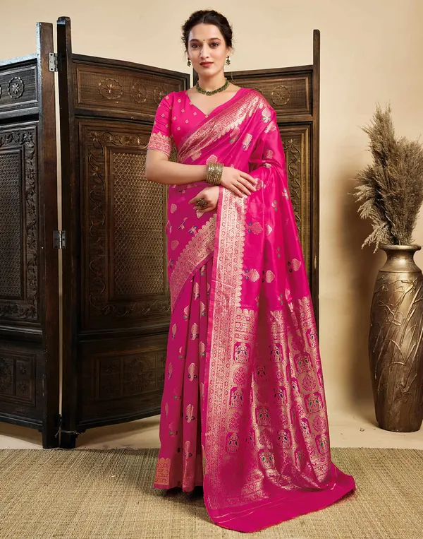 Pink_Silk_Blend_Baluchari_Saree_With_Unstitched_Blouse_Piece