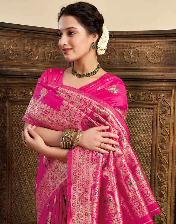 Pink_Silk_Blend_Baluchari_Saree_With_Unstitched_Blouse_Piece