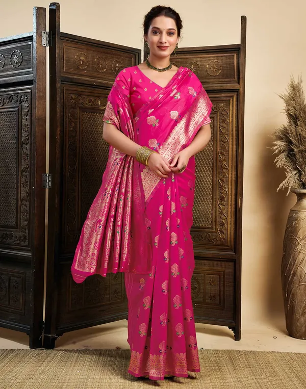 Pink_Silk_Blend_Baluchari_Saree_With_Unstitched_Blouse_Piece
