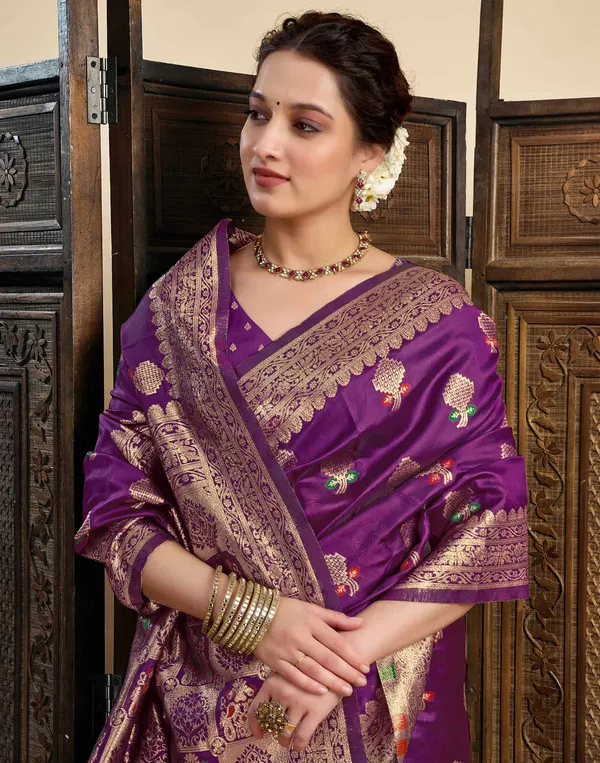 Wine_Silk_Blend_Baluchari_Saree_With_Unstitched_Blouse_Piece