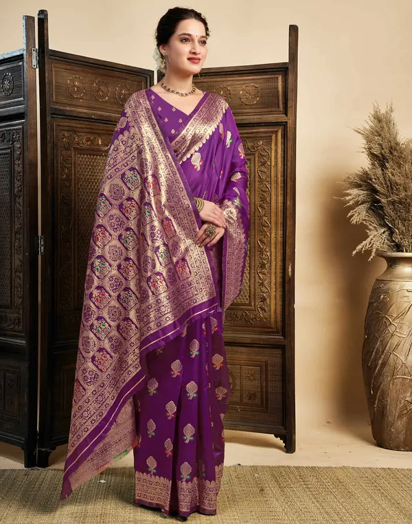 Wine_Silk_Blend_Baluchari_Saree_With_Unstitched_Blouse_Piece