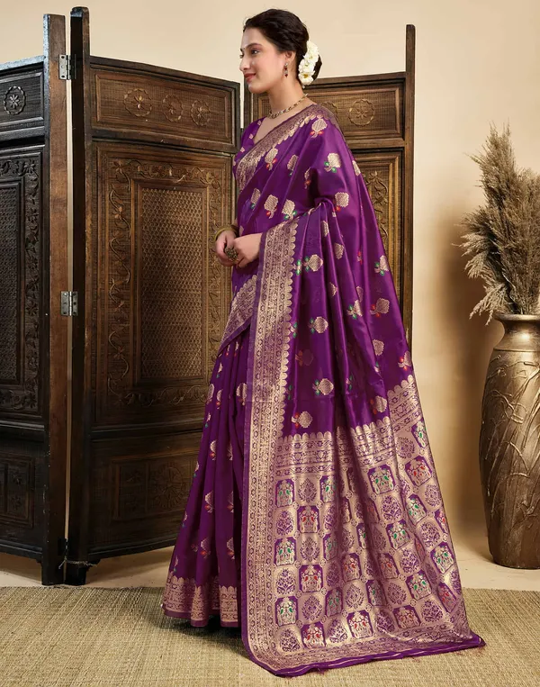 Wine_Silk_Blend_Baluchari_Saree_With_Unstitched_Blouse_Piece