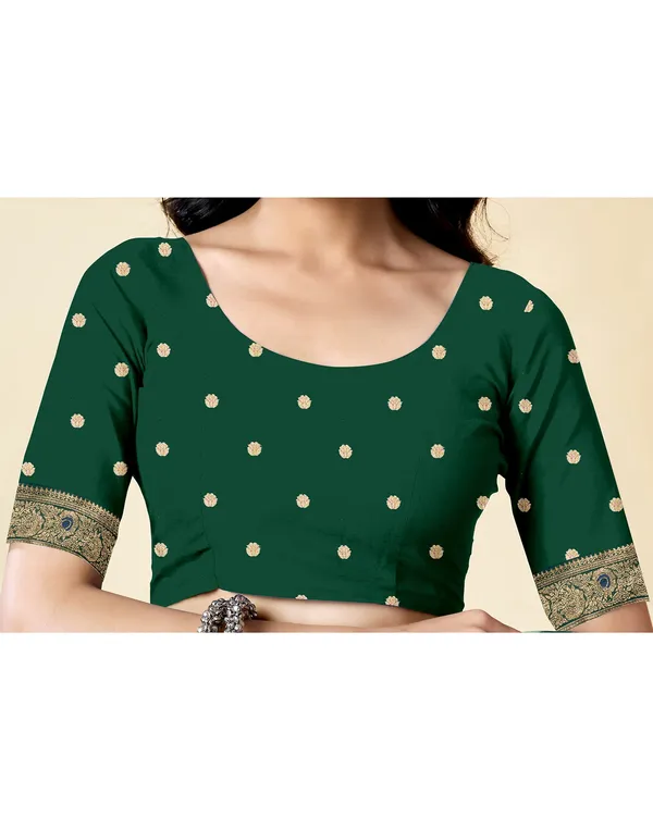 Dark_Green_Elegant_Silk_Blend_Baluchari_Saree_With_Unstitched_Blouse_Piece
