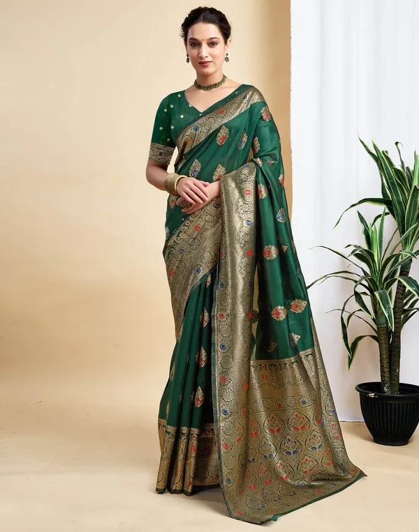 Dark_Green_Elegant_Silk_Blend_Baluchari_Saree_With_Unstitched_Blouse_Piece