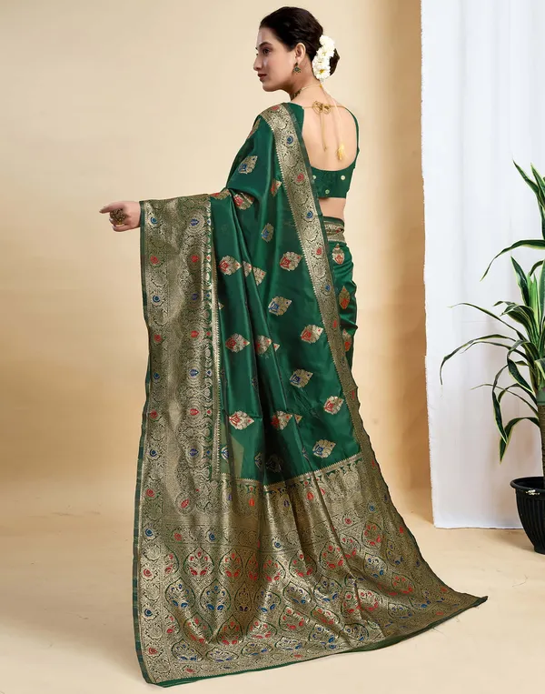 Dark_Green_Elegant_Silk_Blend_Baluchari_Saree_With_Unstitched_Blouse_Piece