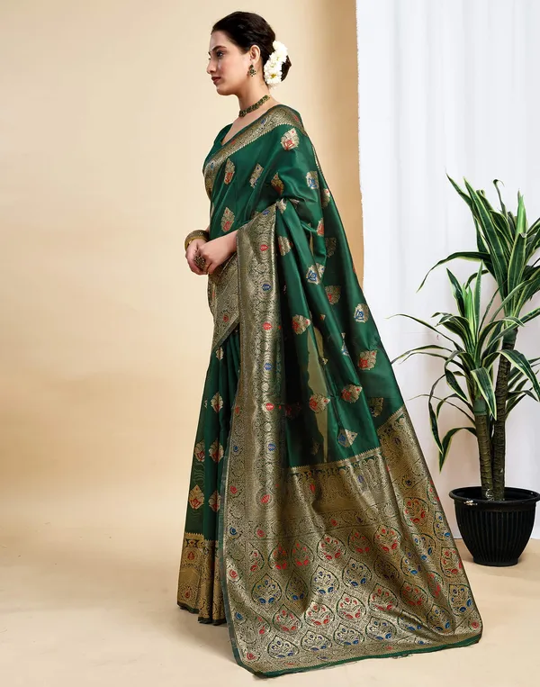 Dark_Green_Elegant_Silk_Blend_Baluchari_Saree_With_Unstitched_Blouse_Piece