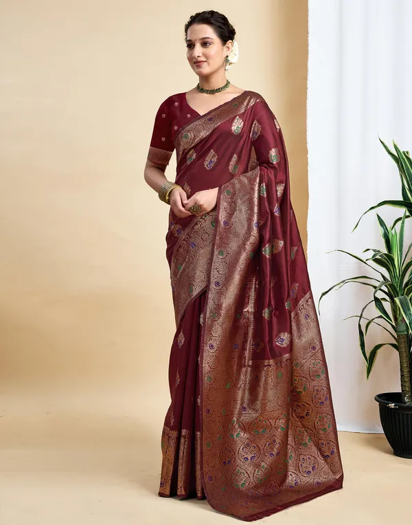 Maroon_Silk_Blend_Baluchari_Saree_With_Unstitched_Blouse_Piece