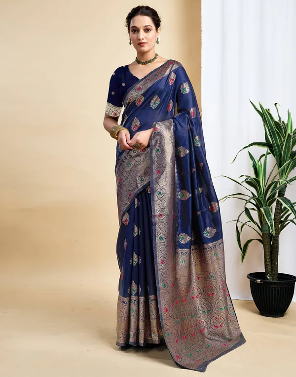 Navy_Blue_Silk_Blend_Baluchari_Saree_With_Unstitched_Blouse_Piece