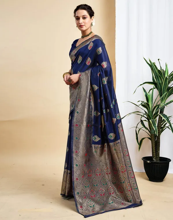 Navy_Blue_Silk_Blend_Baluchari_Saree_With_Unstitched_Blouse_Piece