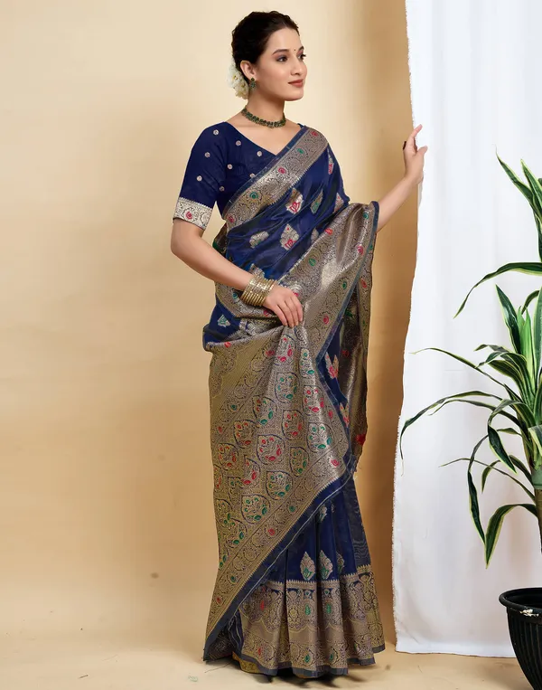 Navy_Blue_Silk_Blend_Baluchari_Saree_With_Unstitched_Blouse_Piece