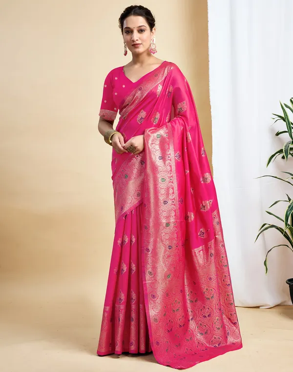 Pink_Silk_Blend_Baluchari_Saree_With_Unstitched_Blouse_Piece