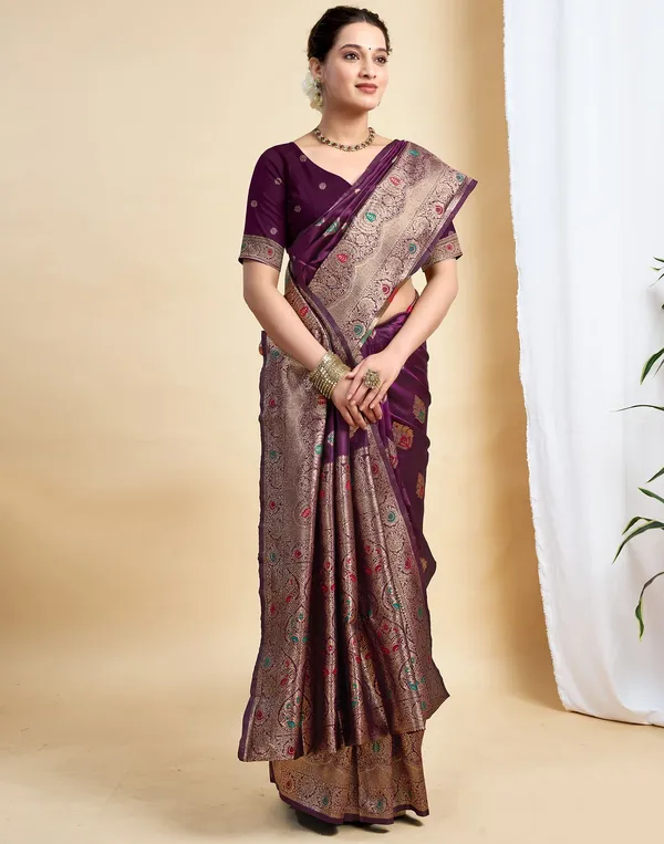 Wine_Silk_Blend_Baluchari_Saree_With_Unstitched_Blouse_Piece