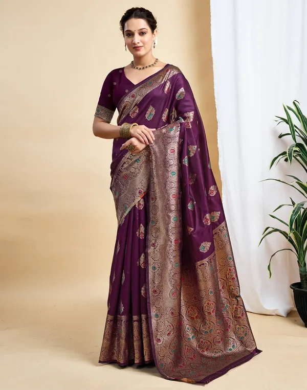 Wine_Silk_Blend_Baluchari_Saree_With_Unstitched_Blouse_Piece