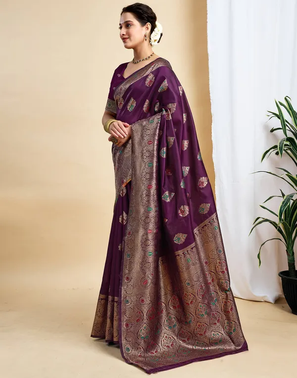 Wine_Silk_Blend_Baluchari_Saree_With_Unstitched_Blouse_Piece