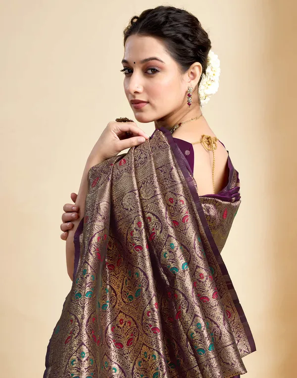Wine_Silk_Blend_Baluchari_Saree_With_Unstitched_Blouse_Piece