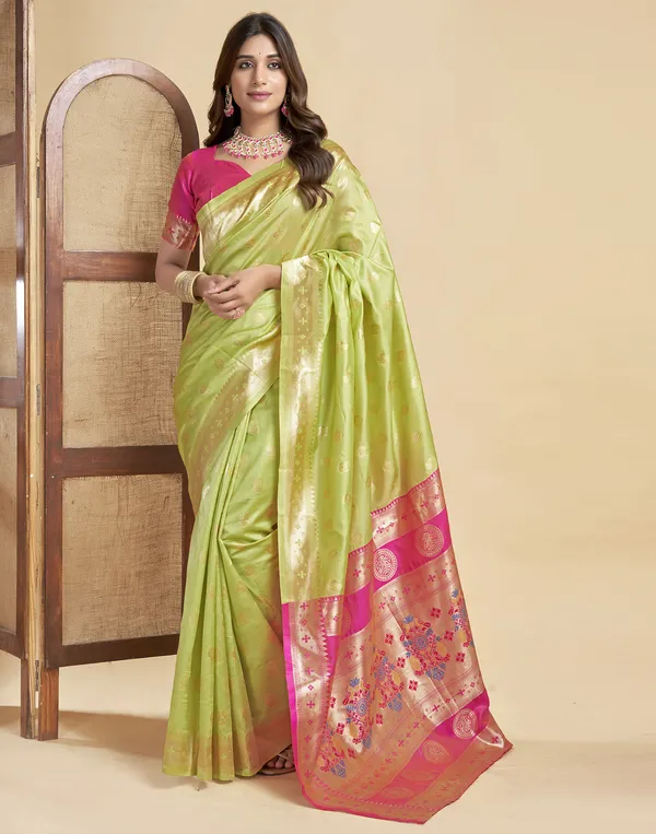 Lemon_Yellow_Silk_Blend_Paithani_Saree_With_Unstitched_Blouse_Piece