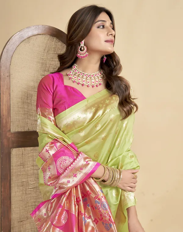 Lemon_Yellow_Silk_Blend_Paithani_Saree_With_Unstitched_Blouse_Piece