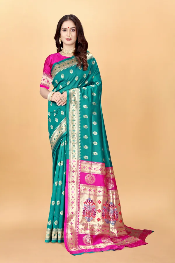 Teal_Elegant_Silk_Blend_Paithani_Saree_With_Unstitched_Blouse_Piece