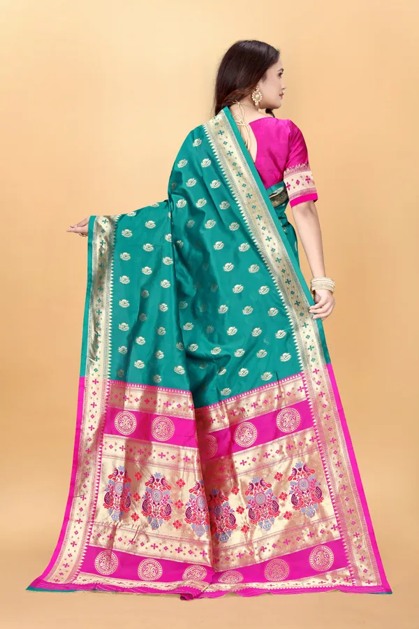 Teal_Elegant_Silk_Blend_Paithani_Saree_With_Unstitched_Blouse_Piece