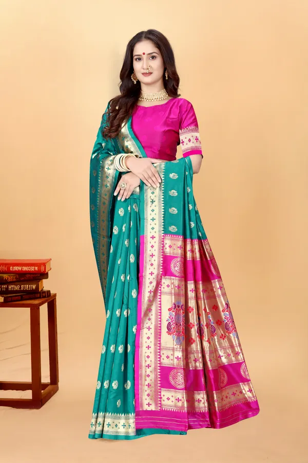 Teal_Elegant_Silk_Blend_Paithani_Saree_With_Unstitched_Blouse_Piece