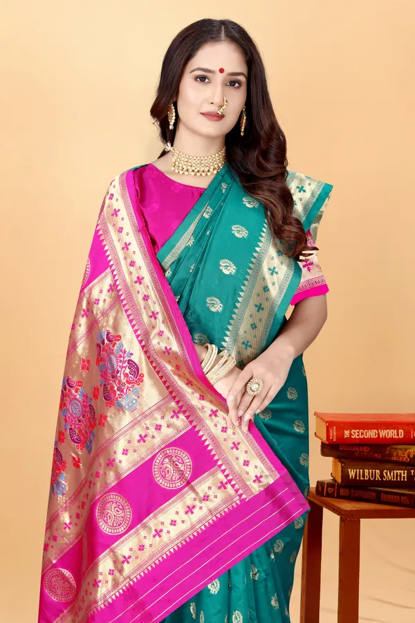 Teal_Elegant_Silk_Blend_Paithani_Saree_With_Unstitched_Blouse_Piece