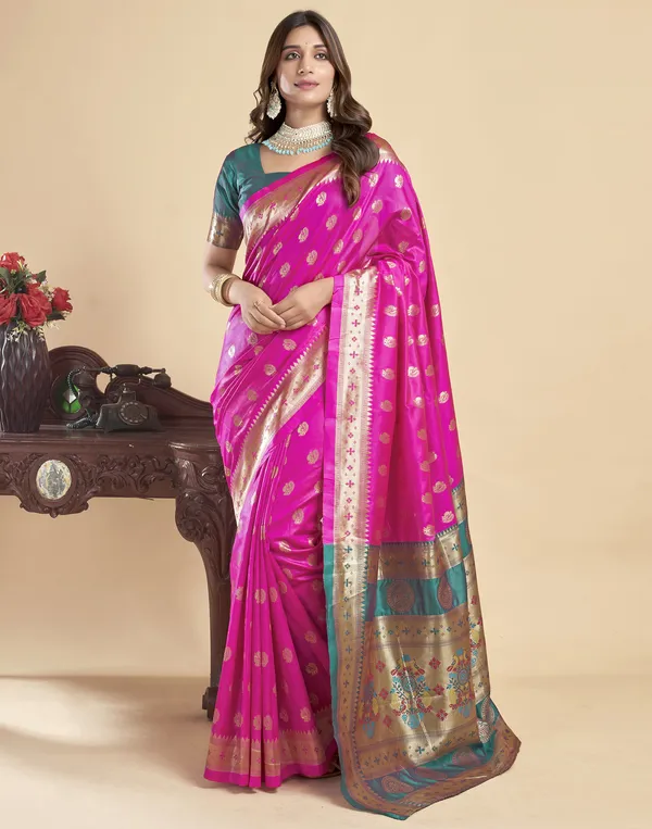 Pink_Silk_Blend_Paithani_Saree_With_Unstitched_Blouse_Piece