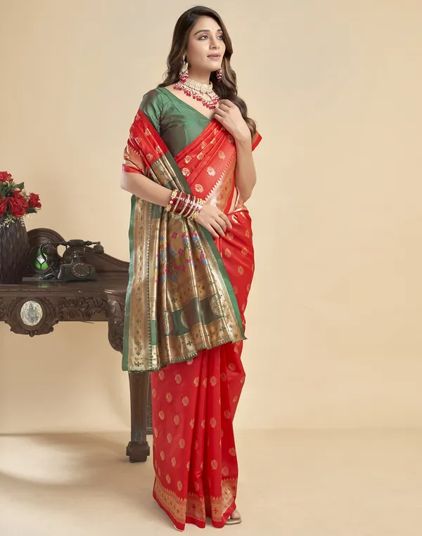 Red_Silk_Blend_Paithani_Saree_With_Unstitched_Blouse_Piece