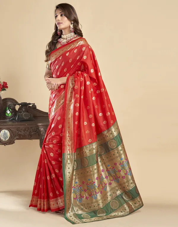 Red_Silk_Blend_Paithani_Saree_With_Unstitched_Blouse_Piece