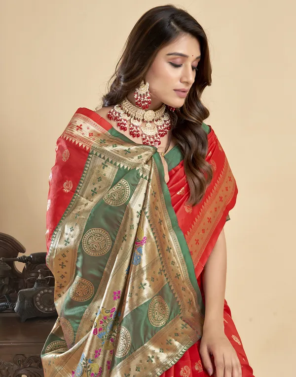 Red_Silk_Blend_Paithani_Saree_With_Unstitched_Blouse_Piece
