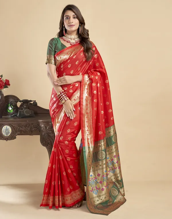 Red_Silk_Blend_Paithani_Saree_With_Unstitched_Blouse_Piece