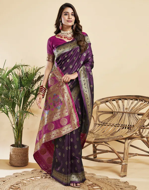 WINE_Silk_Blend_Paithani_Saree_With_Unstitched_Blouse_Piece