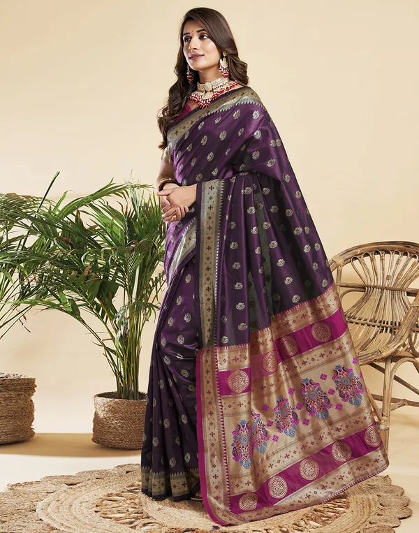 WINE_Silk_Blend_Paithani_Saree_With_Unstitched_Blouse_Piece