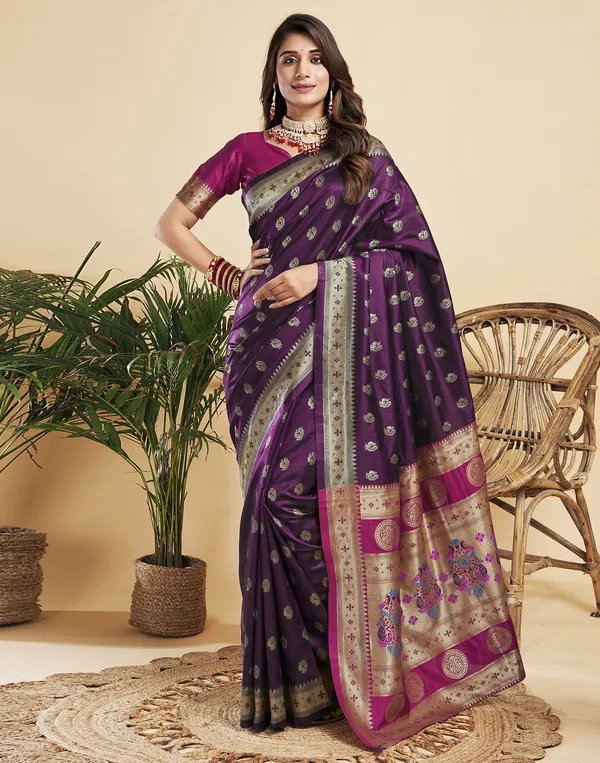 WINE_Silk_Blend_Paithani_Saree_With_Unstitched_Blouse_Piece