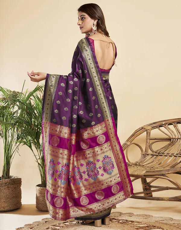 WINE_Silk_Blend_Paithani_Saree_With_Unstitched_Blouse_Piece