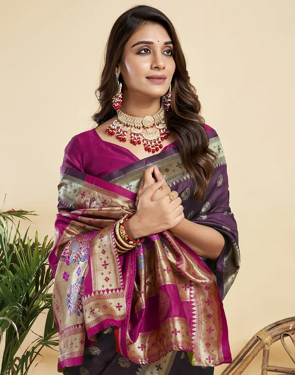 WINE_Silk_Blend_Paithani_Saree_With_Unstitched_Blouse_Piece