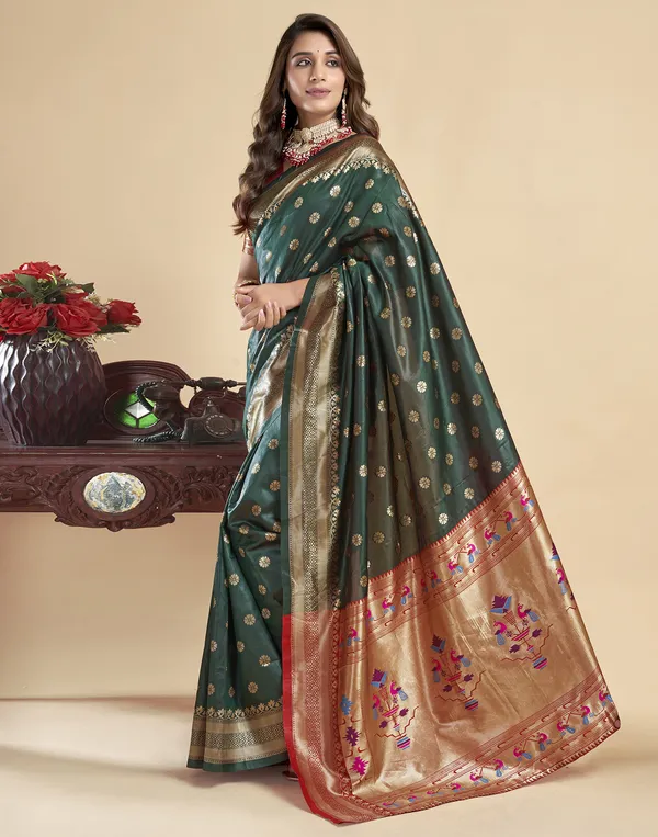 Dark_Green_Silk_Blend_Paithani_Saree_With_Unstitched_Blouse_Piece