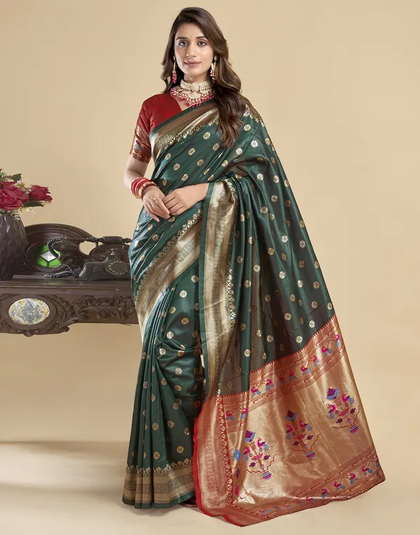 Dark_Green_Silk_Blend_Paithani_Saree_With_Unstitched_Blouse_Piece