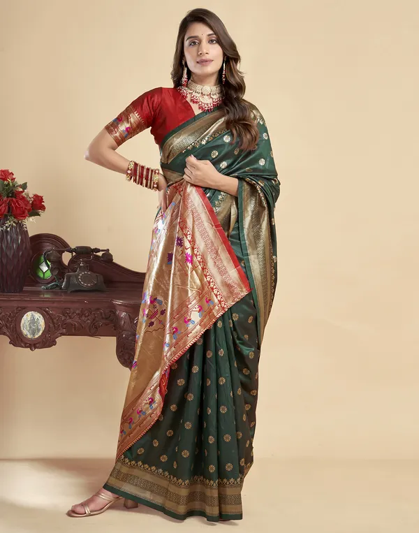 Dark_Green_Silk_Blend_Paithani_Saree_With_Unstitched_Blouse_Piece